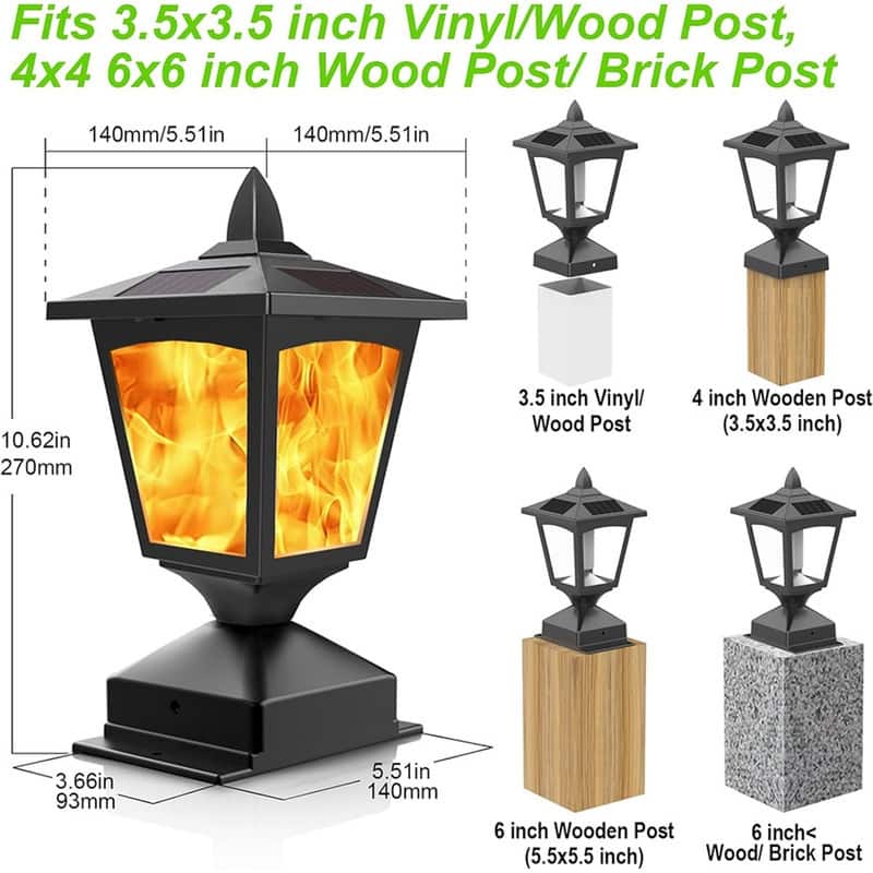 2-Pack Solar Post Cap Lights 4x4 Flickering Flame, Waterproof LED for Fence, Garden, Pathway - N/A