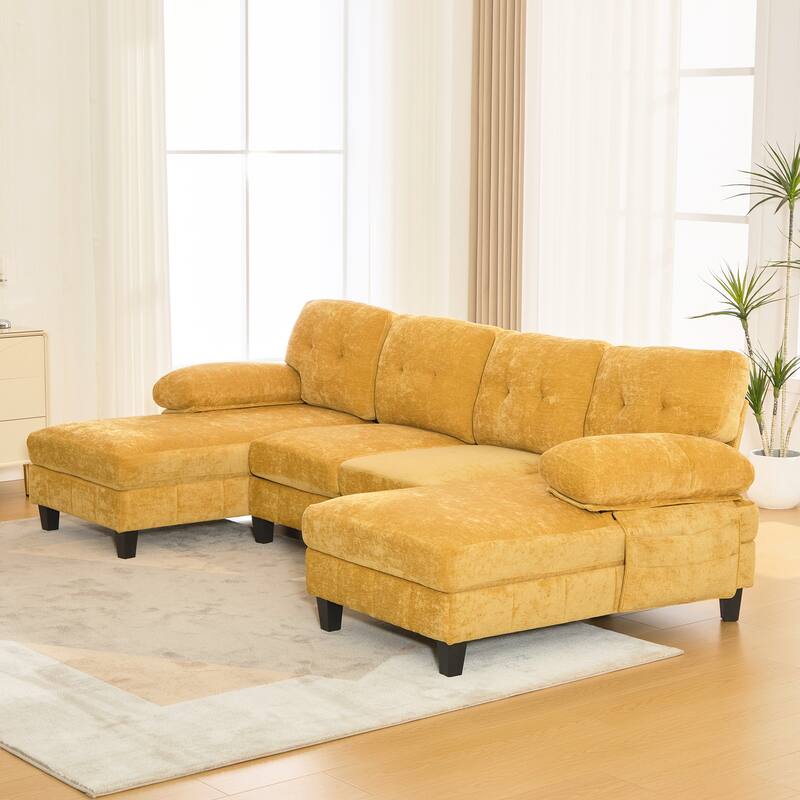 U-Shaped Modular Sectional Sofa with Dual Chaise Lounges, Chenille Fabric Cloud Couch with Storage Pockets & Armrest Pillows