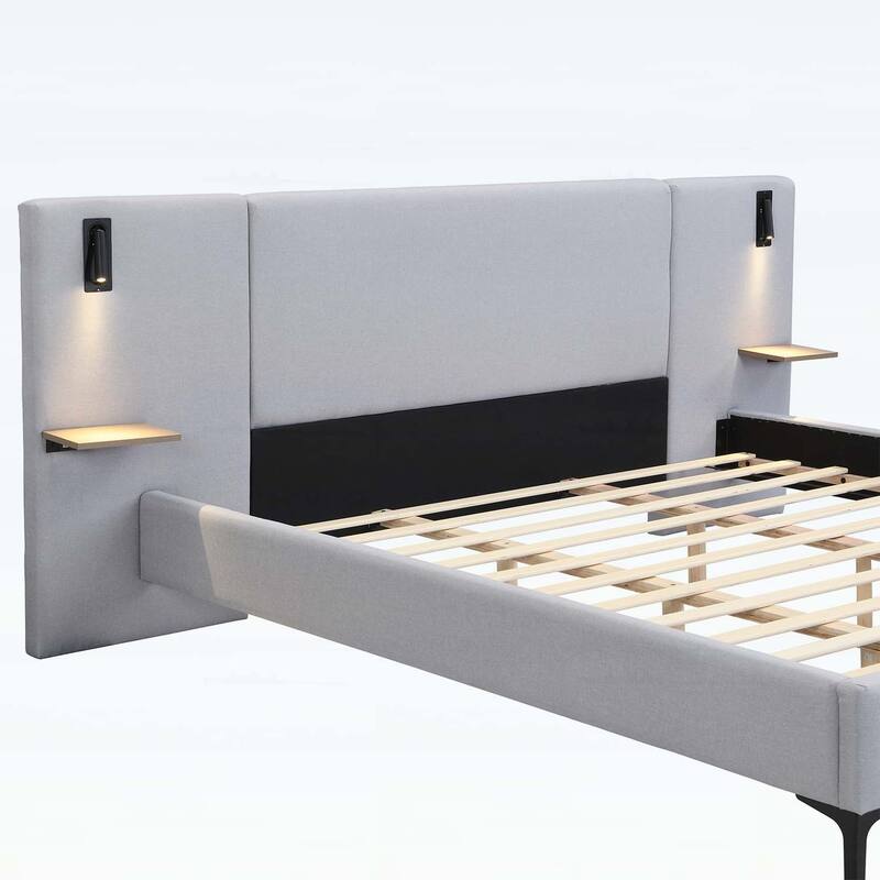 Stylish Design Linen Upholstered Bed with Integrated Lights and Shelves,for Modern and Rustic Interiors