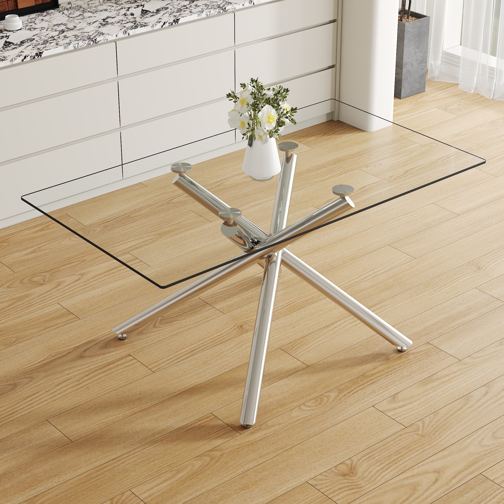 Roomfitters Glass Dining Table with 63 Inch Tempered Top and Silver Chrome Metal Legs for Home or Office, Silver
