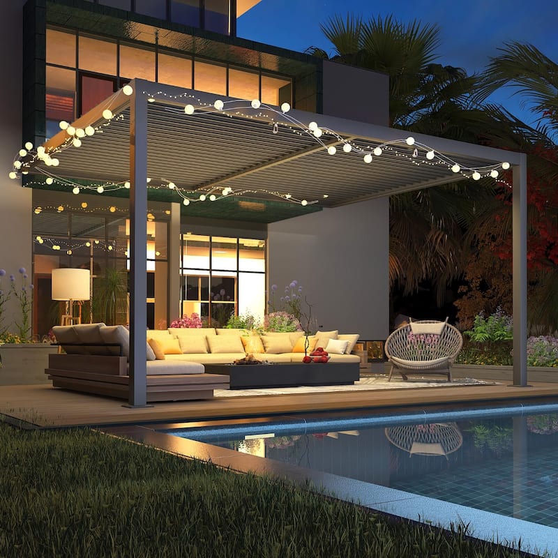 EROMMY Outdoor Louvered Pergola Gazebo with Adjustable Aluminum Rainproof Roof and Pull-Down Screen