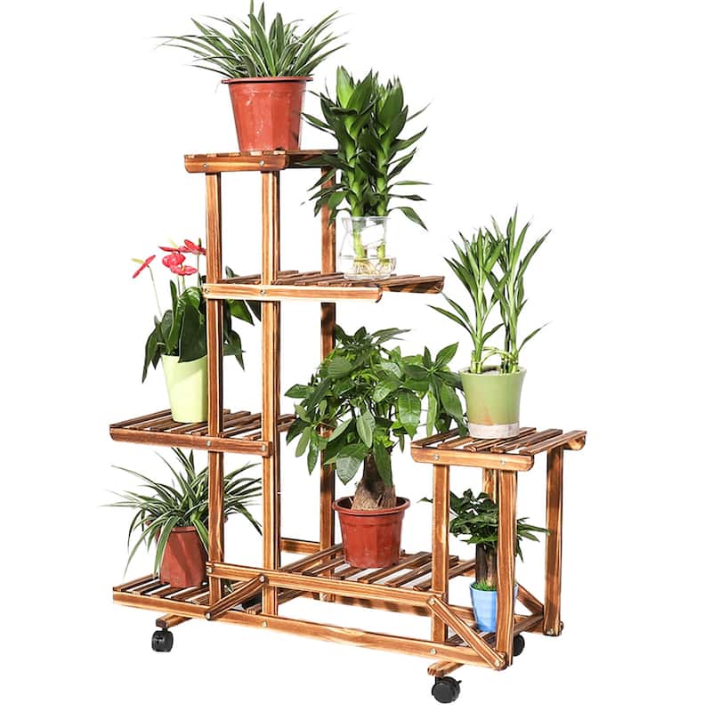 6 Tiered Wooden Shelf Rolling Plant Stand Storage Rack Holder