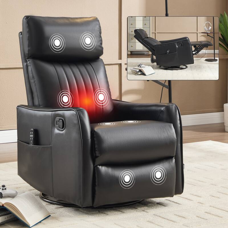 Faux Leather Swivel Recliner Chair, Manual Recliner Chair with Heat & Massage, Glider Rocker Chair with Side Pocket