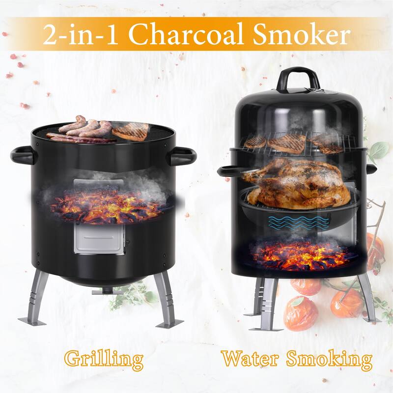 17" 2-In-1 Charcoal Patio Smoker & Grill with Built-in Thermometer