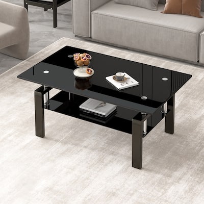 Tempered Glass Coffee Table, 2-Tier End Table, Modern Coffee Table