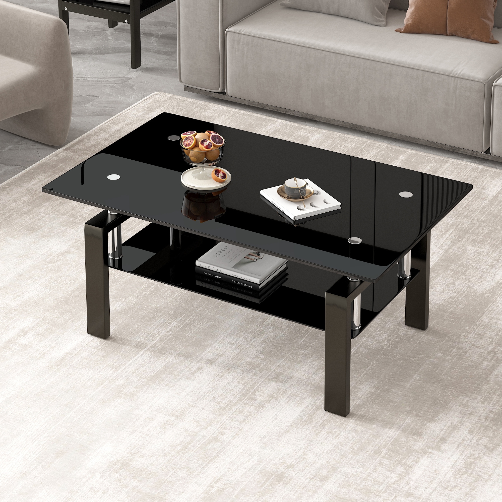 Modern Black Glass Table センターテーブル② Tempered Glass Coffee Table, 2-Tier End Table, Modern Coffee Table