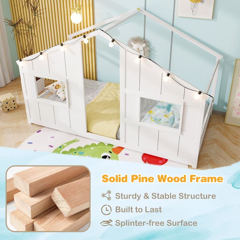 Twin Size Kids Floor Bed with LED Lights and Solid Wooden Montessori House Design