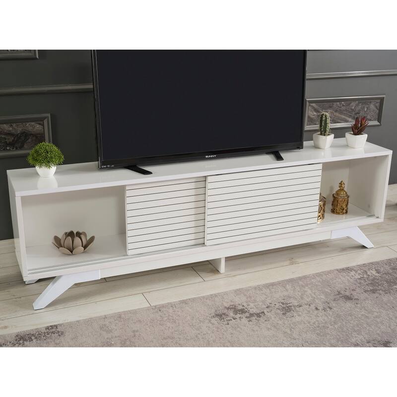 FurnisHome Store Luxia Mid Century Modern Tv Stand 2 Sliding Door Cabinet 2 Shelves 67 inch Tv Uni, White