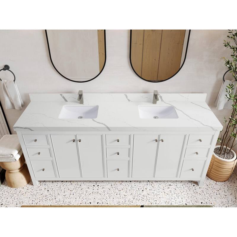 Willow Collections 84 in. W x 22 in. D Chicago Double Bowl Sink Bathroom Vanity with Countertop - 2” Calacatta Laza - White