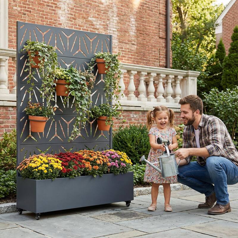 Metal Galvanized Planter Box with Trellis Privacy Screen Lockable Wheels