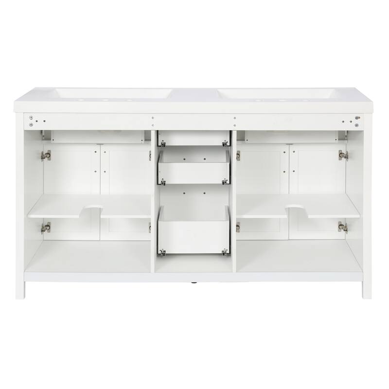 59.3" Modern Double Bathroom Vanity, Solid Wood Frame with SMC Sinks, Soft-Close Doors & Drawers