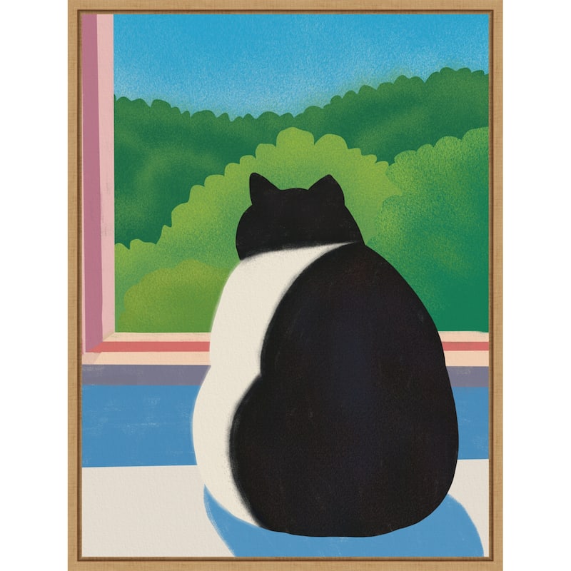 Fat Cat Looking out the Window by Little Dean Framed Canvas Wall Art