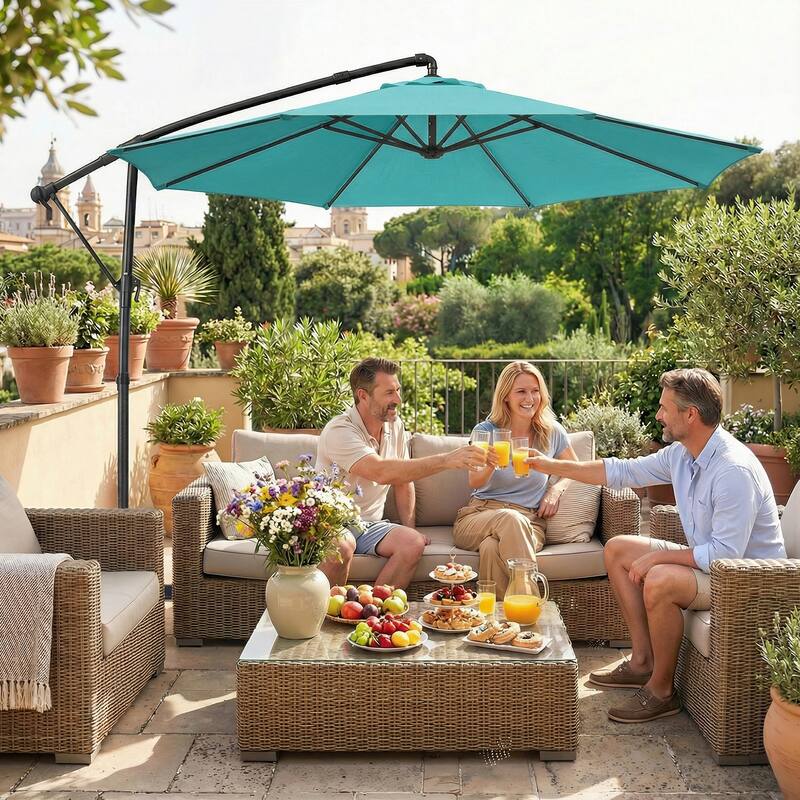 Outsunny 10 ft Offset Patio Umbrella with Cover, Round Hanging Cantilever Umbrella with 6-Position 360° Rotation, Sky Blue - Blue