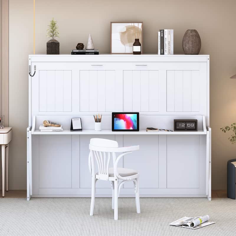 Space-Saving White Murphy Bed with Hydraulic Lift & Foldable Desk - Full/Queen Size - White
