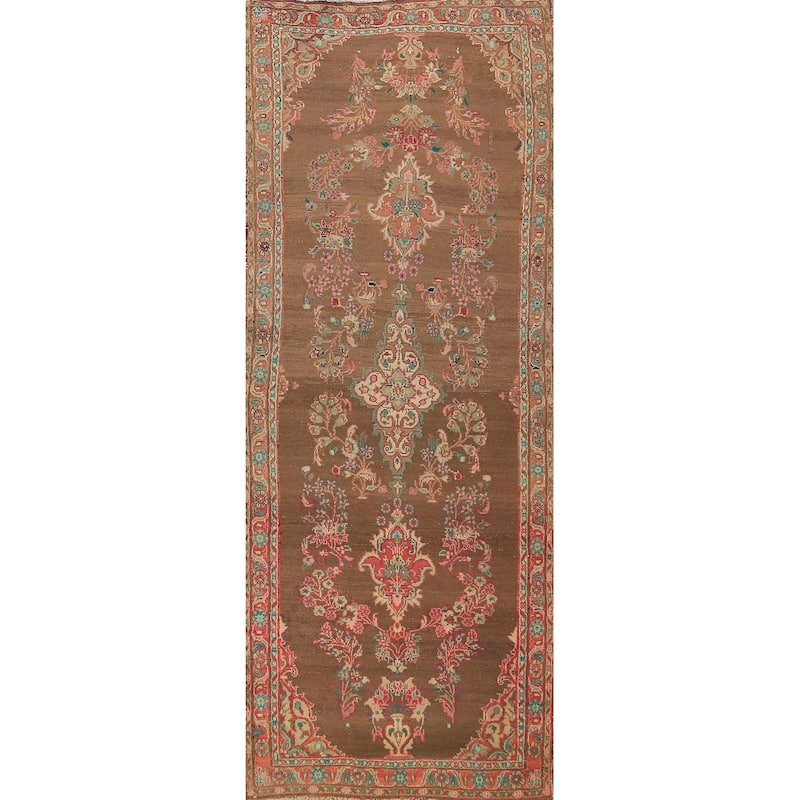 Brown Floral Mahal Persian Runner Rug Handmade Wool Carpet - 3'4"x 10'11"
