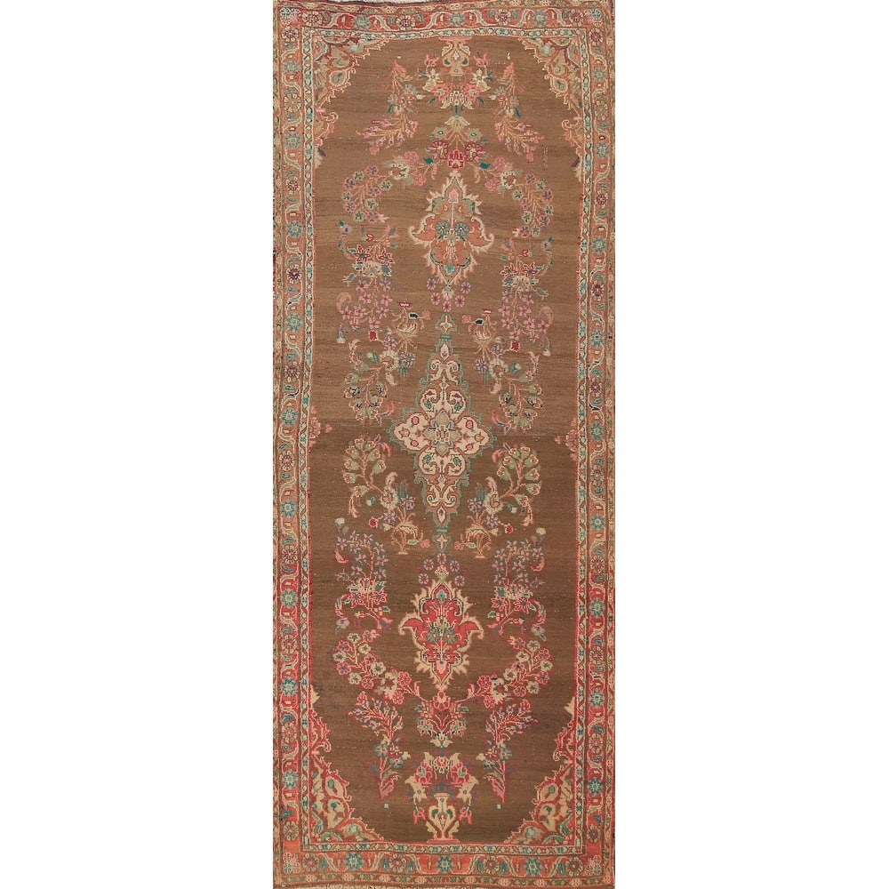 Brown Floral Mahal Persian Runner Rug Handmade Wool Carpet - 3'4"x 10'11"