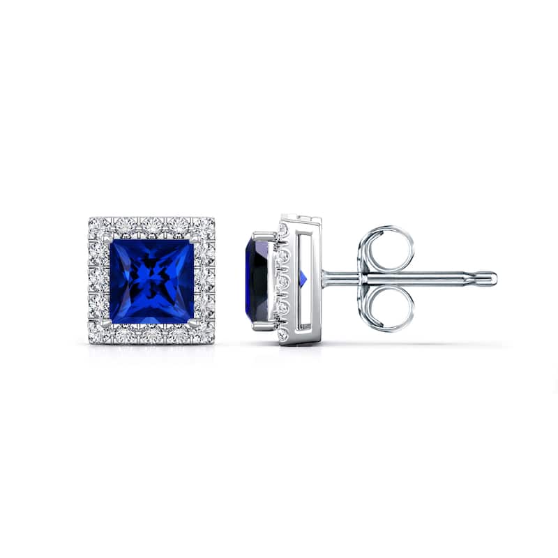 Auriya 14k Gold Lab Grown Gemstone Blue Sapphire Stud Earrings Princess 0.25 to 5.00 ct. tw. Halo Push-Back - 2.50ct tgw. - White