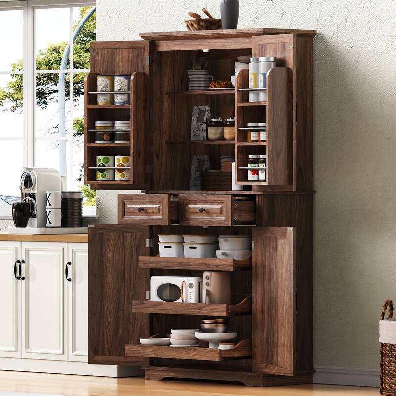 71" Tall Farmhouse Kitchen Pantry Cabinet with 3 Pull Out Cabinet Organizers, 6 Door Shelves, 2 Drawers - N/A