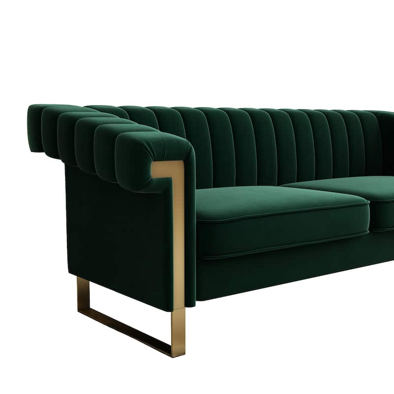 Leisure Sofa with Stainless Steel Metal Accents, Retro Green Velvet Upholstered Seat with Removable Cushions, Bedroom Loveseat