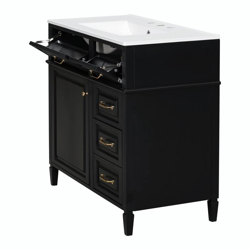 36-Inch Bathroom Vanity with Ceramic Sink Top, Solid Wood Frame and MDF Cabinet