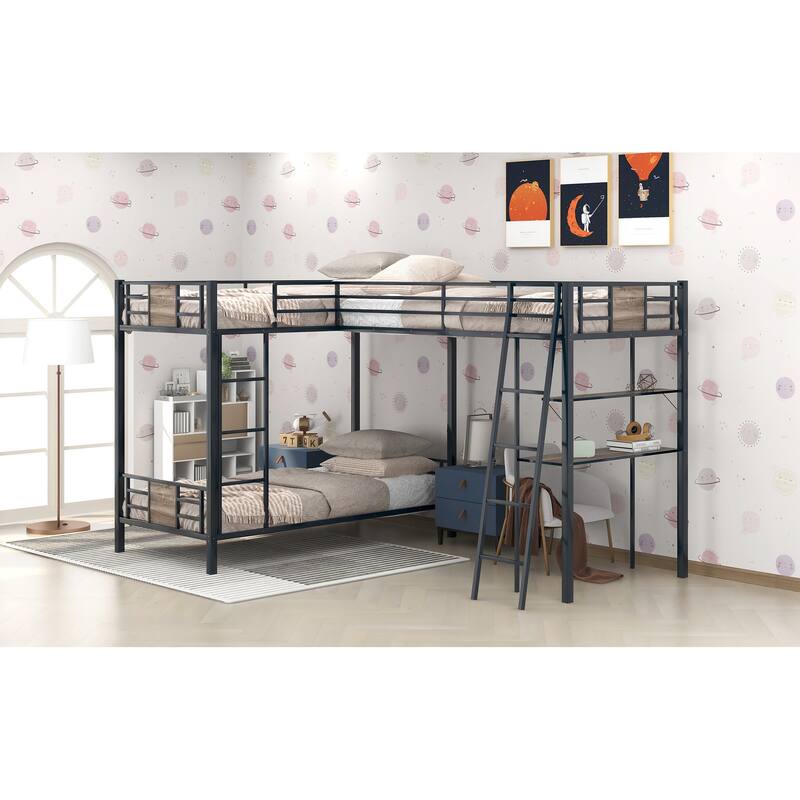 Metal Triple Bunk, LShaped Bunk Bed with Desk and Shelf On Sale