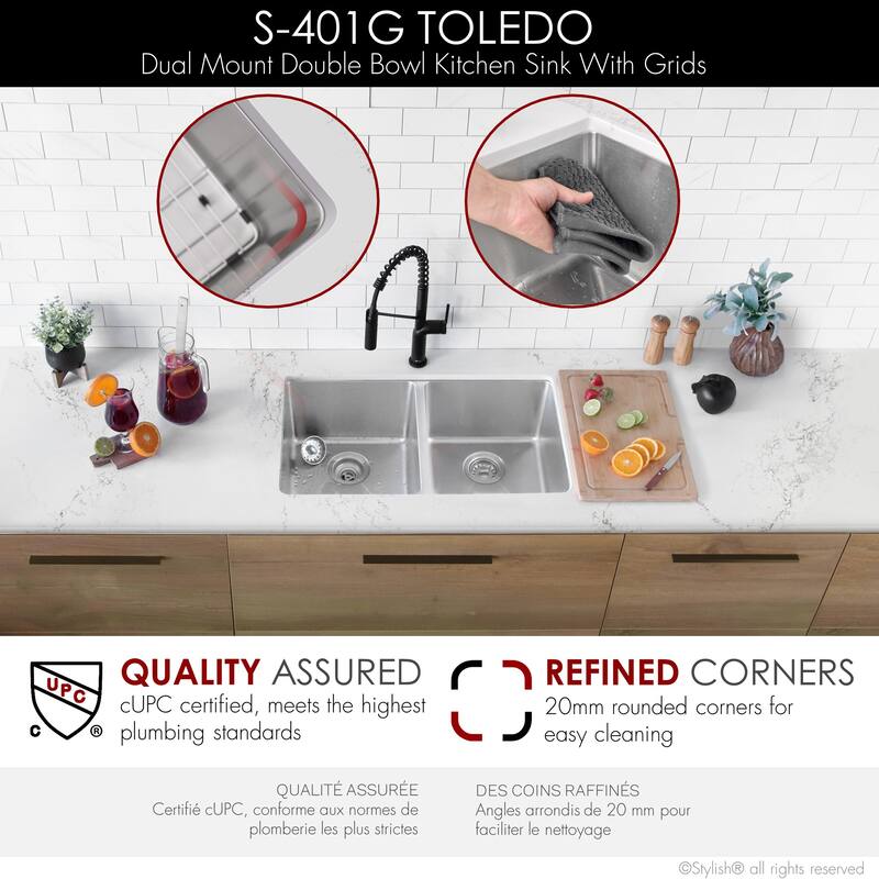 Stylish Dual Mount 31" Stainless Steel Double-Bowl Kitchen Sink S-401G