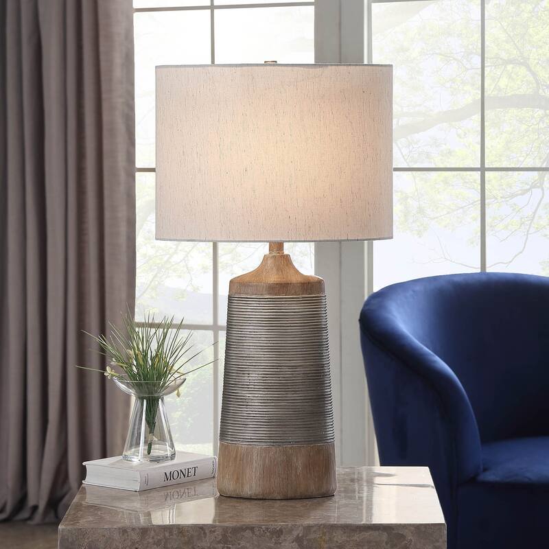 StyleCraft Haverhill Wood and Silver Textured Coil Banded Table Lamp with Oatmeal Drum Shade