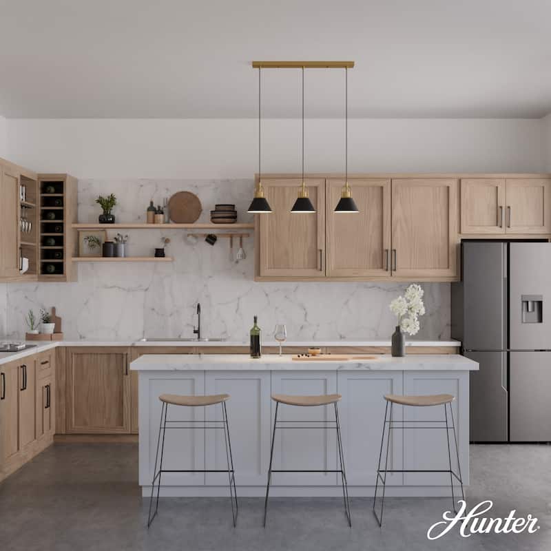 Hunter Carrington Isle Black / Luxe Gold Pendant - Island, Dining Room, Foyer, Bedroom - Casual, Transitional, Cone - Designer!