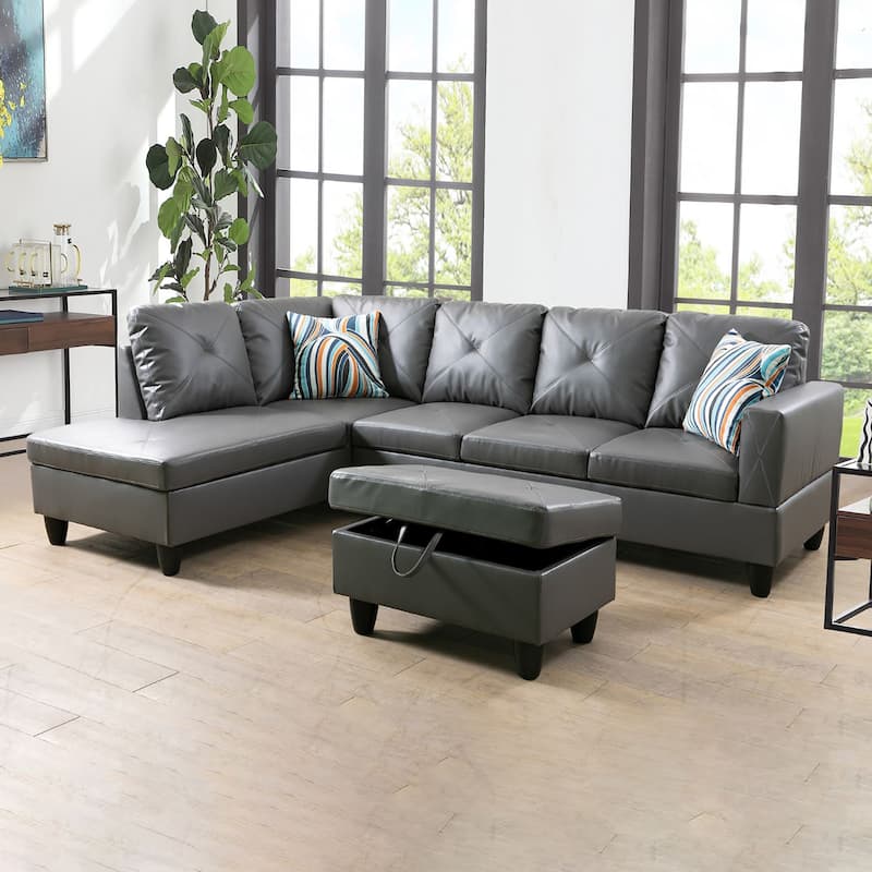 Dark Grey Upholstered Ottoman with Faux Leather