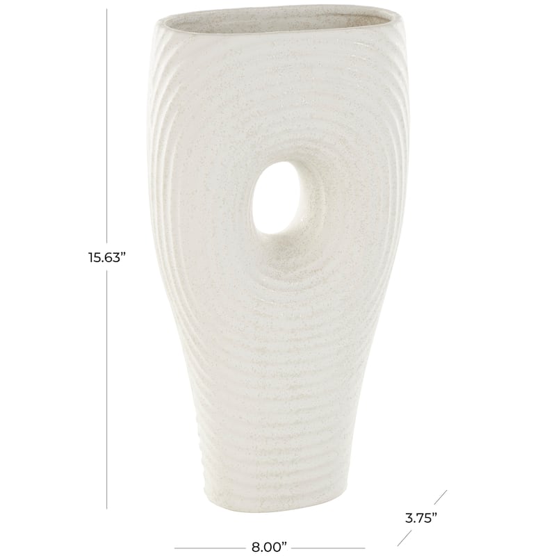White Ceramic Ribbed Cutout Abstract Decorative Vase with Speckled Texturing