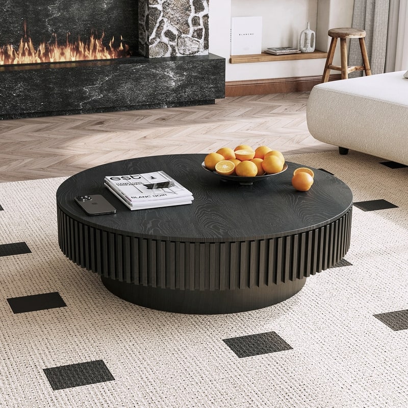 39.37in Round Coffee Table with Storage Solid Wood Veneered