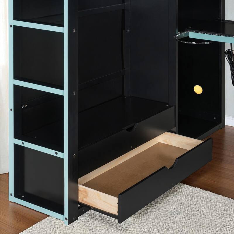 Full Size Loft Bed with Desk, RGB LED Lights, Wardrobes, Drawers and USB Charging Port for Teens and Gamers