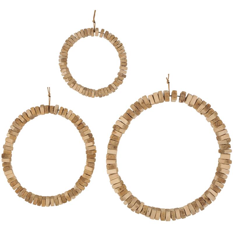 Brown Wood Beaded Abstract Home Wall Decor with Hanging Rope (Set of 3)