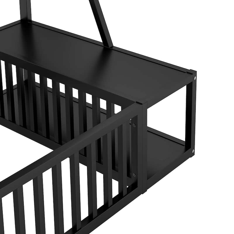 Kids Montessori Floor Bed, Metal Floor Bed Frame with Fence and Storage Shelves