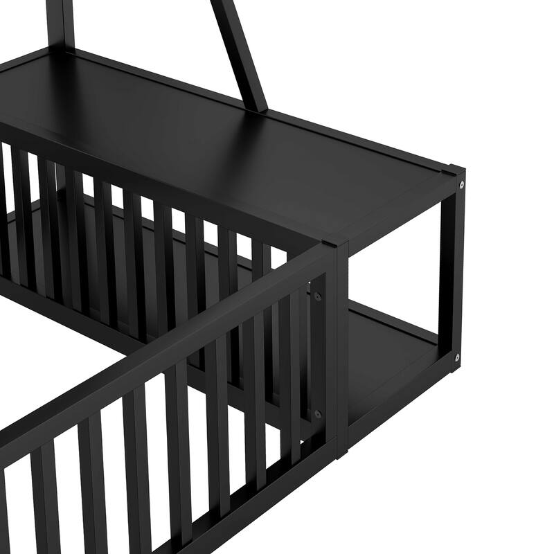 Twin Size Metal Floor Bed Frame with Safety Fence, Desk and Storage Shelves, Kids Playhouse, White