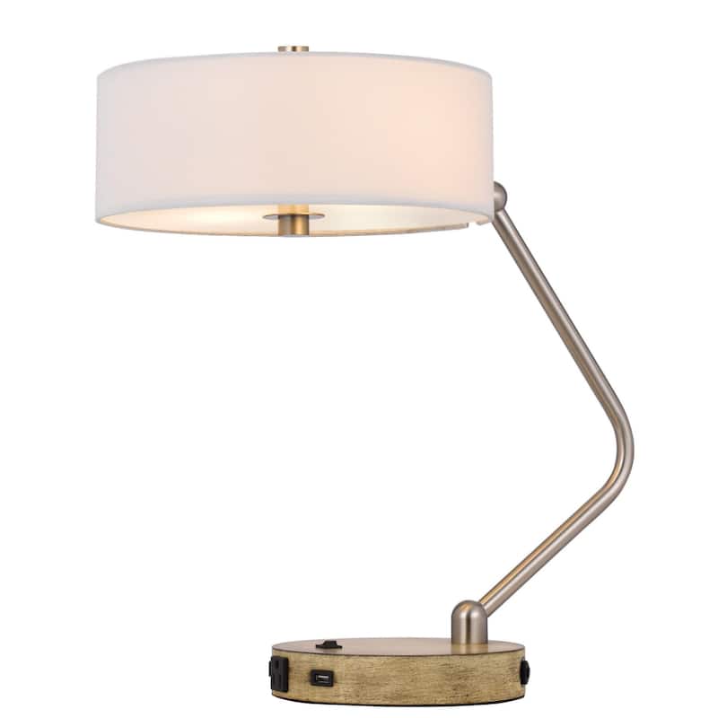 20" Lantern 2-Light Desk Lamp with USB Port Brown Metal Base and White Fabric Drum Shade for Office - 20”H x 12.5”W x 12.5”D