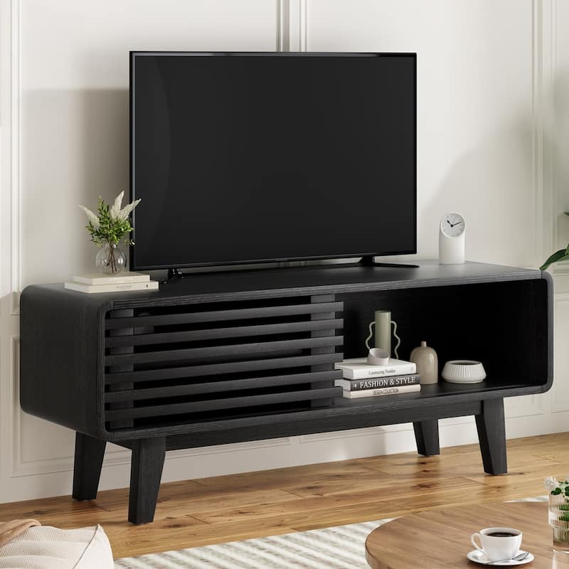Mid-Century Modern TV Stand for TV Up to 59" with Sliding Slatted Door - Black
