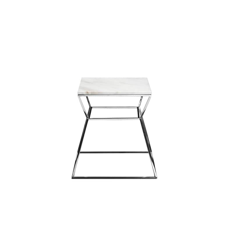 18 in. White and Silver Rectangle Faux Marble End Table, Durable Hourglass Frame