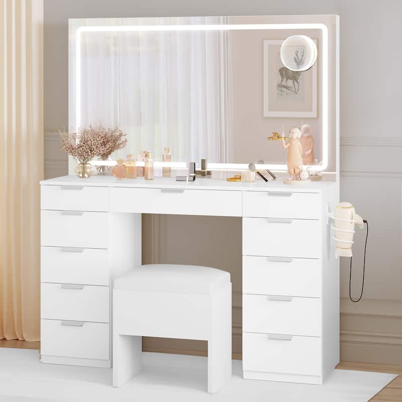 Moasis White 10-Drawer Cosmetic Vanity Desk Set with Glass Tabletop Makeup Vanity with LED Strip - White LED Strip (Lights)