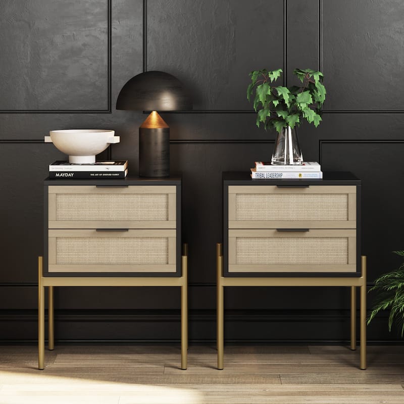 Nathan James Andrew Rattan End Side Table Storage Doors Gold Accents - Black Set of 2
