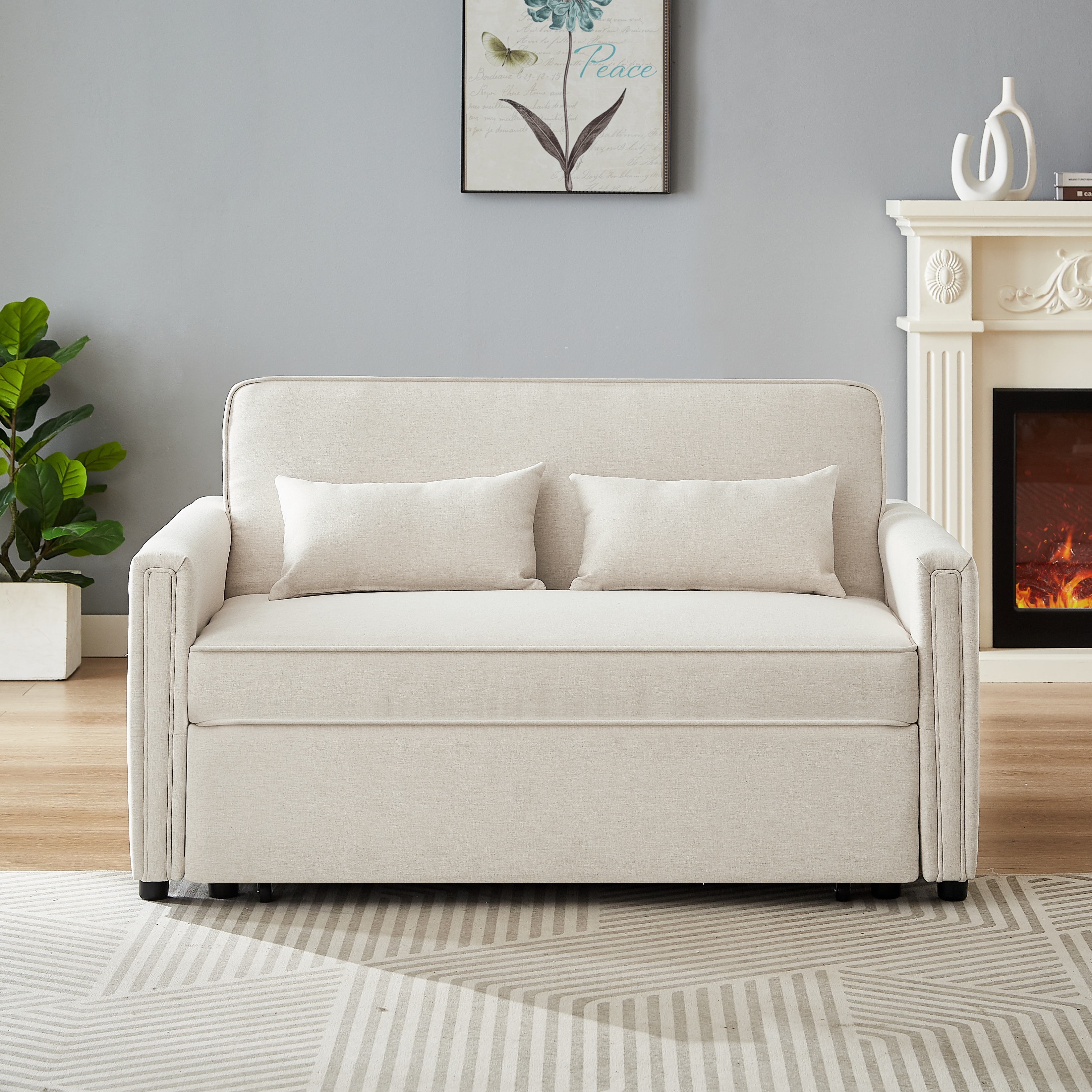 Ivory Velvet Convertible Loveseat Sleeper Sofa Livingroom