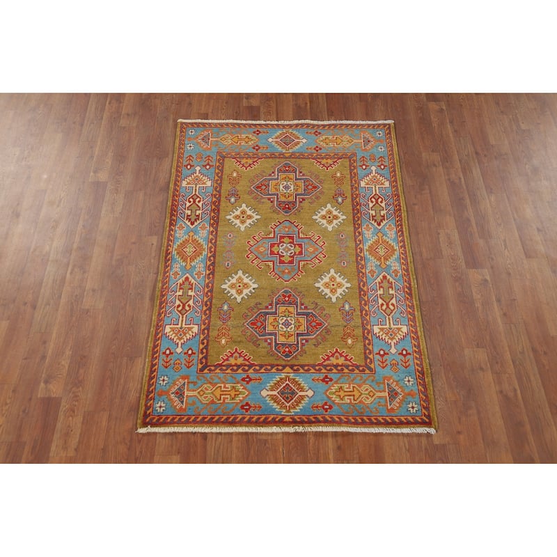 Kazak Accent Rug Handmade Yellow Geometric Wool Carpet - 3'4" x 4'10"