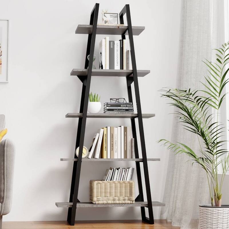 Rustic 5 Tier Ladder Bookcase with Display Shelves