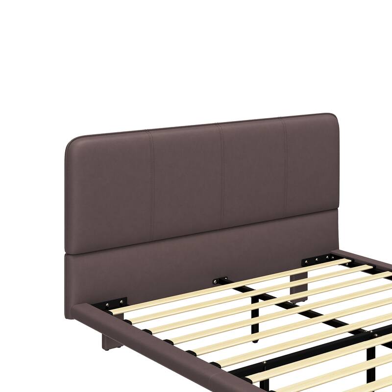 Modern Floating Bed Frame with LED Lights, PU Leather Platform Bed, Queen Size, Easy Assembly