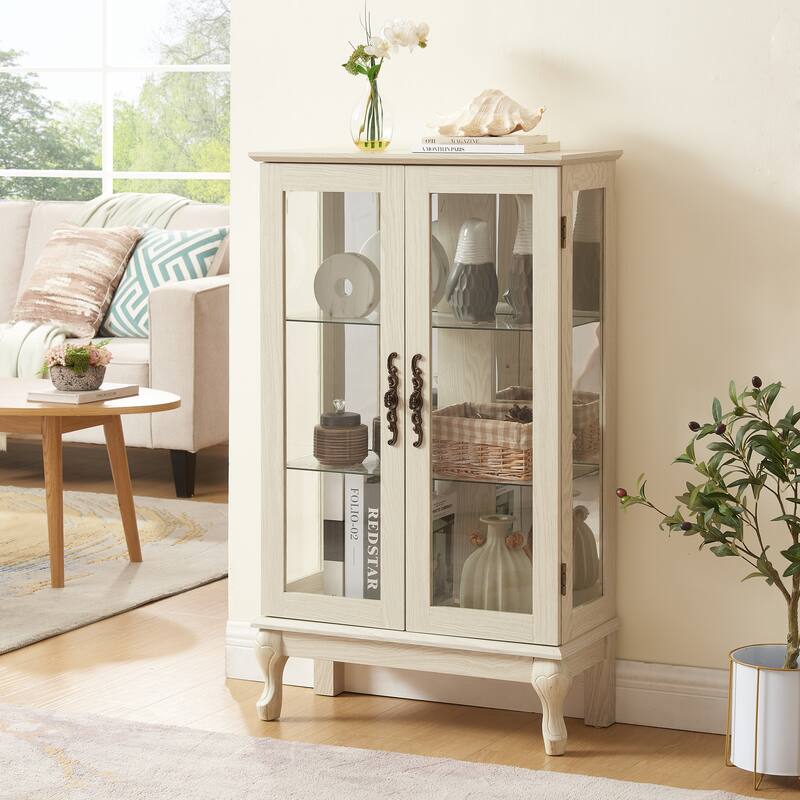 Lighted Display Cabinet with 2 Tempered Glass Doors and Adjustable Shelves