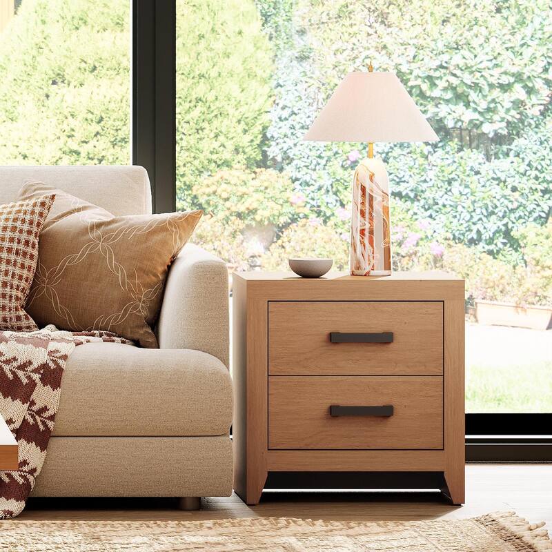 WAMPAT Farmhouse Nightstand with Dual Drawers - Rustic Brown