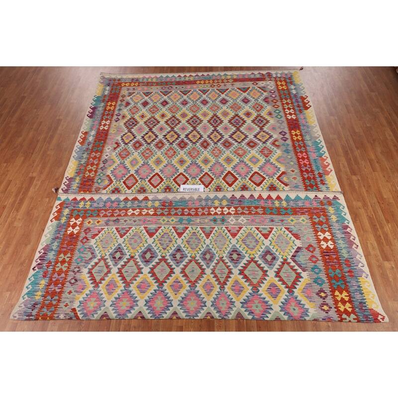 Flat Weave Geometric Kilim Oriental Large Rug Flatweave Wool Carpet - 10'1" x 15'11"