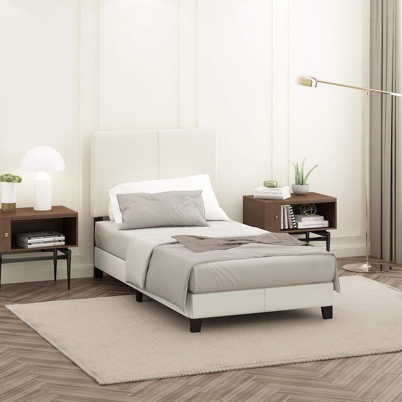 King Size Upholstered Bed Frame - Black PU Leather Platform Bed with Foam Headboard - Modern Glam Style