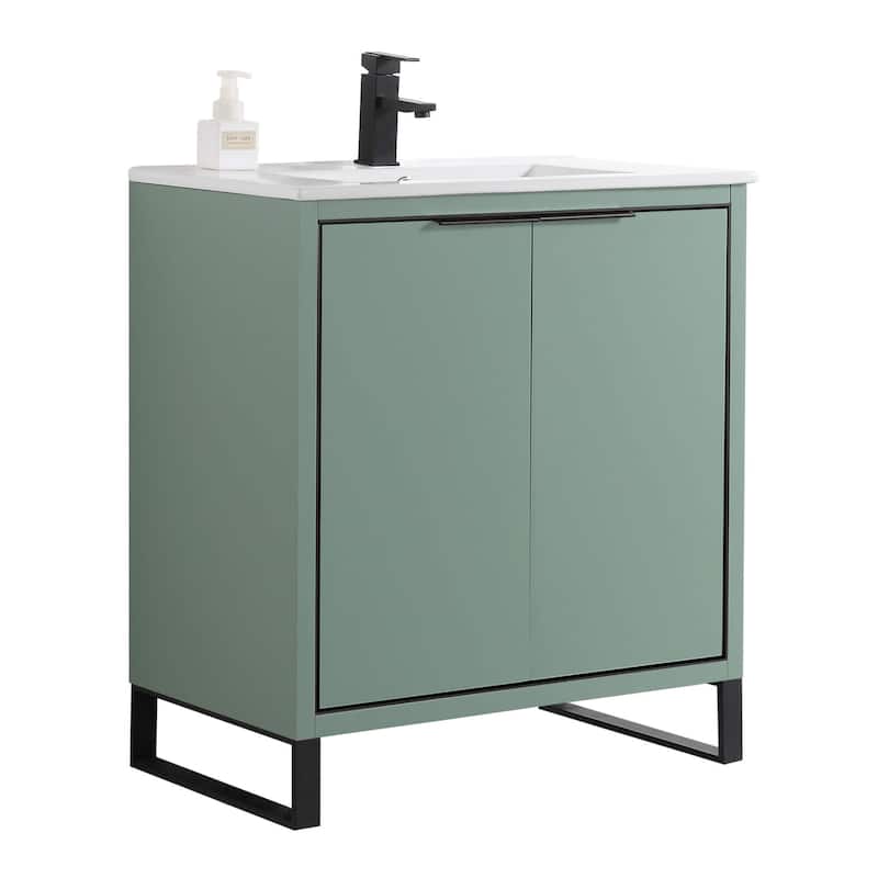 Fine Fixtures Opulence Collection Bathroom Vanity with White Ceramic Sink - 30 Inch - Mint Green - Black Hardware