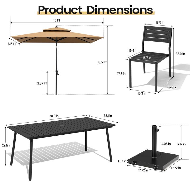 9PC Outdoor Patio Dining Set Wood-Like Aluminum Table with Stackable Chairs,Double Top Market Umbrella and Wheel Base